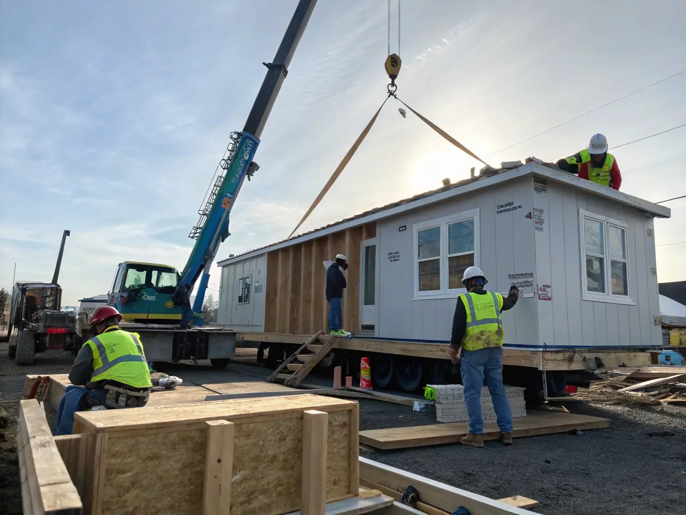 A high-angle shot of a partially assembled modular home, showcasing the precision and efficiency of Building X LLC's prefabricated wall system. The image emphasizes the speed of assembly and the clean, modern design.